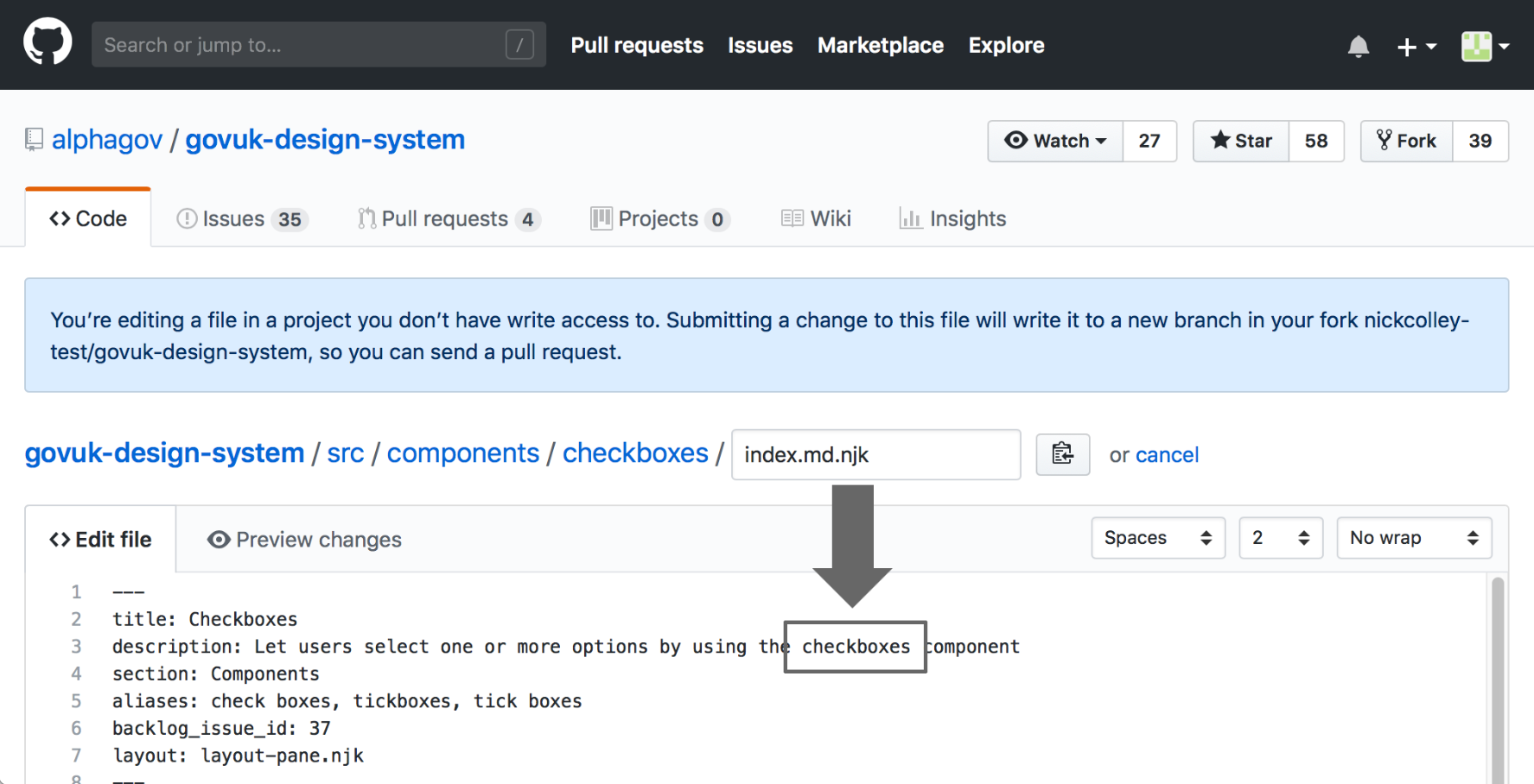 The checkboxes description in the file in GitHub after the C in the word checkboxes has been changed to lowercase