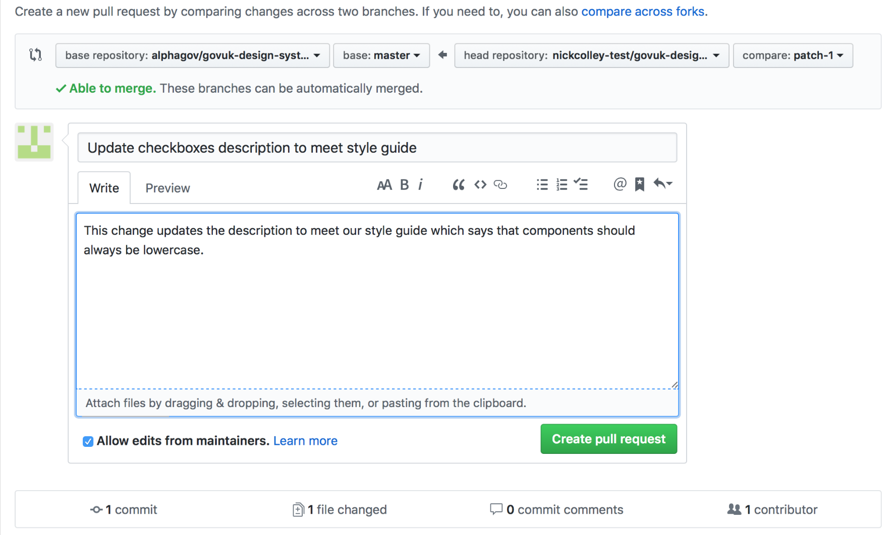 Create pull request view in GitHub. It is pre-filled with the summary and the description from the previous propose change view. There is a button to create a pull request.