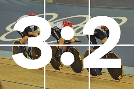 Three Olympic cyclists overlayed with a 3 by 2 grid to show the 3 by 2 ratio.
